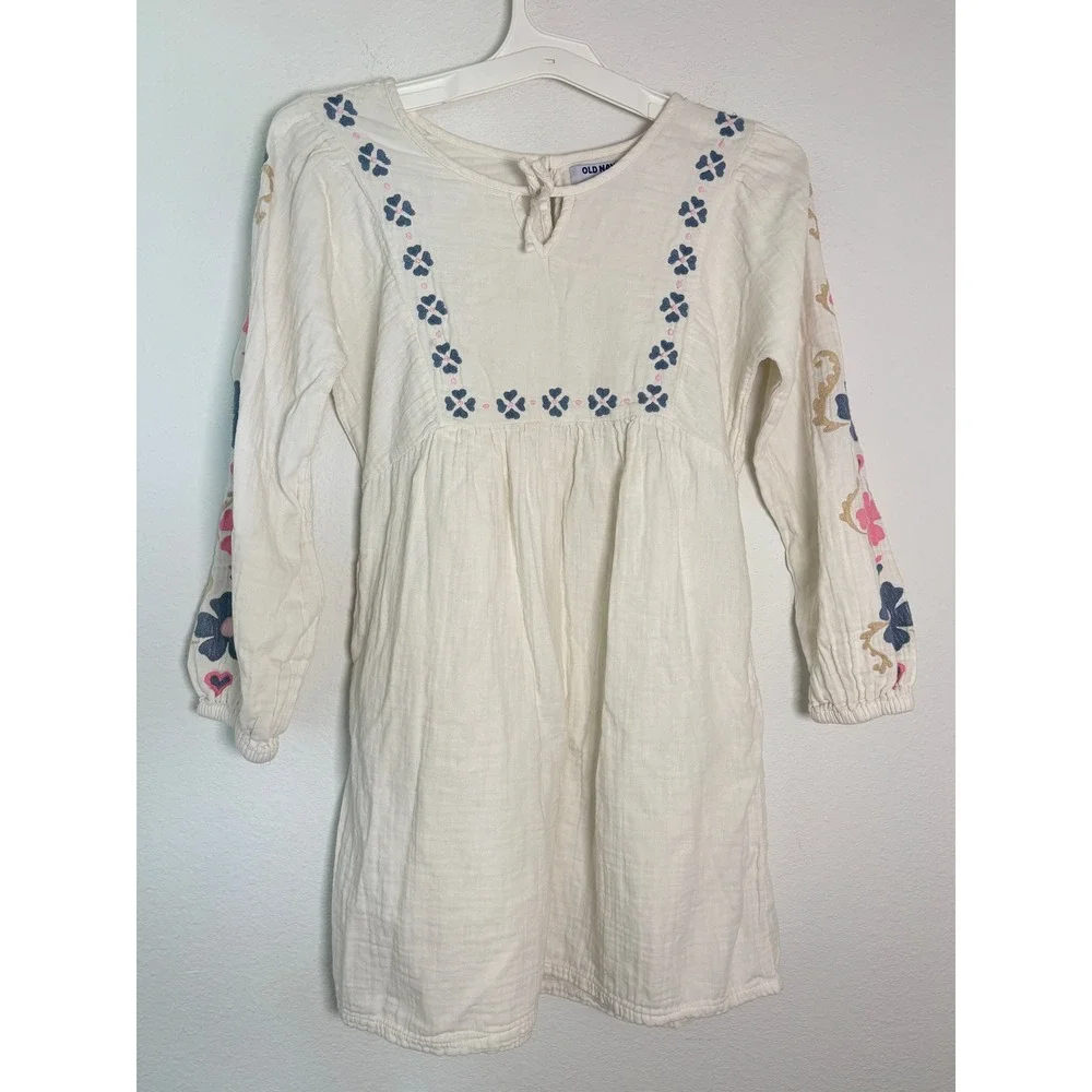 Old Navy Girls XL 14-16 White Gauze Embroidered Floral Boho Long Sleeve Dress